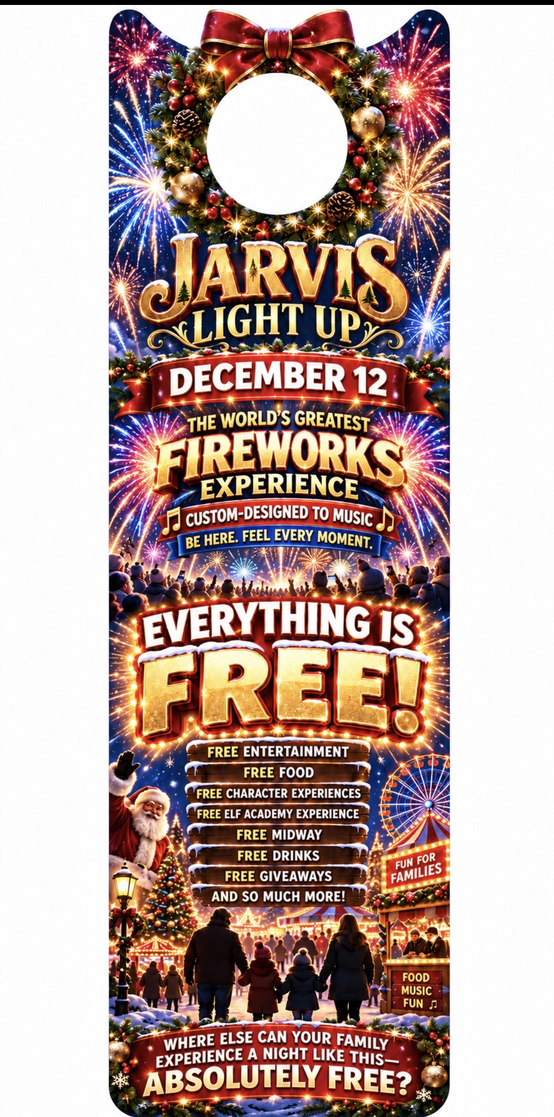 Jarvis Light Up December 12 free family fireworks experience poster