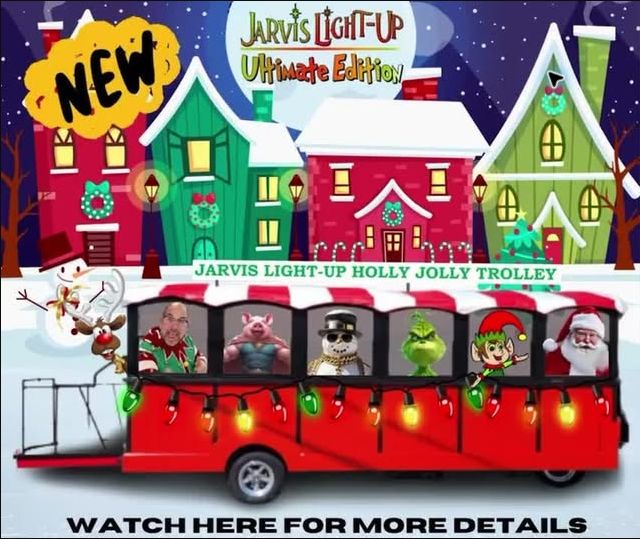 The Jarvis Light Up Jolly Trolley decorated for Christmas