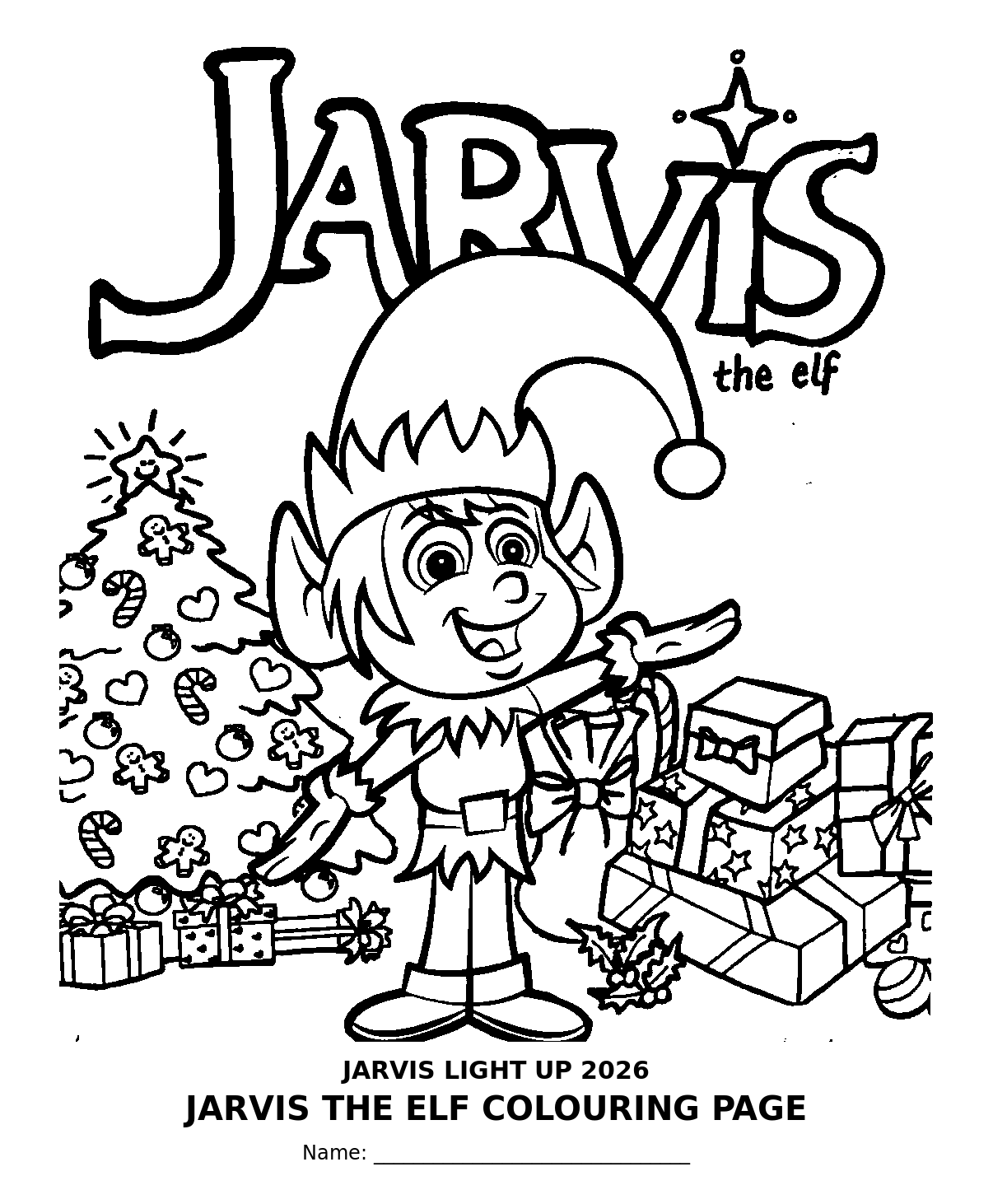 Printable Jarvis the Elf Christmas colouring page